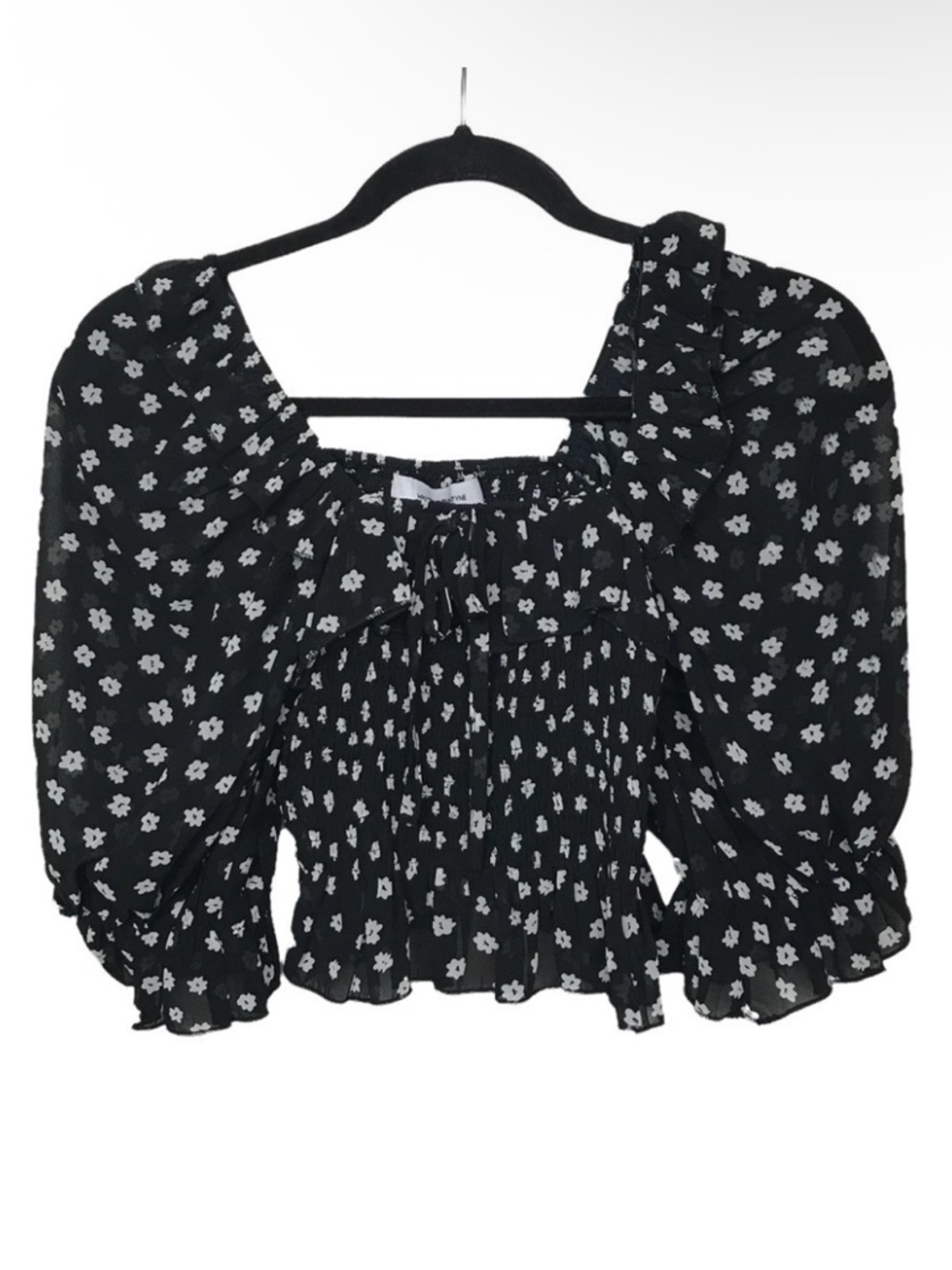 Whyte Valentyne Black Floral Print Smocked Off The Shoulder Top US 8